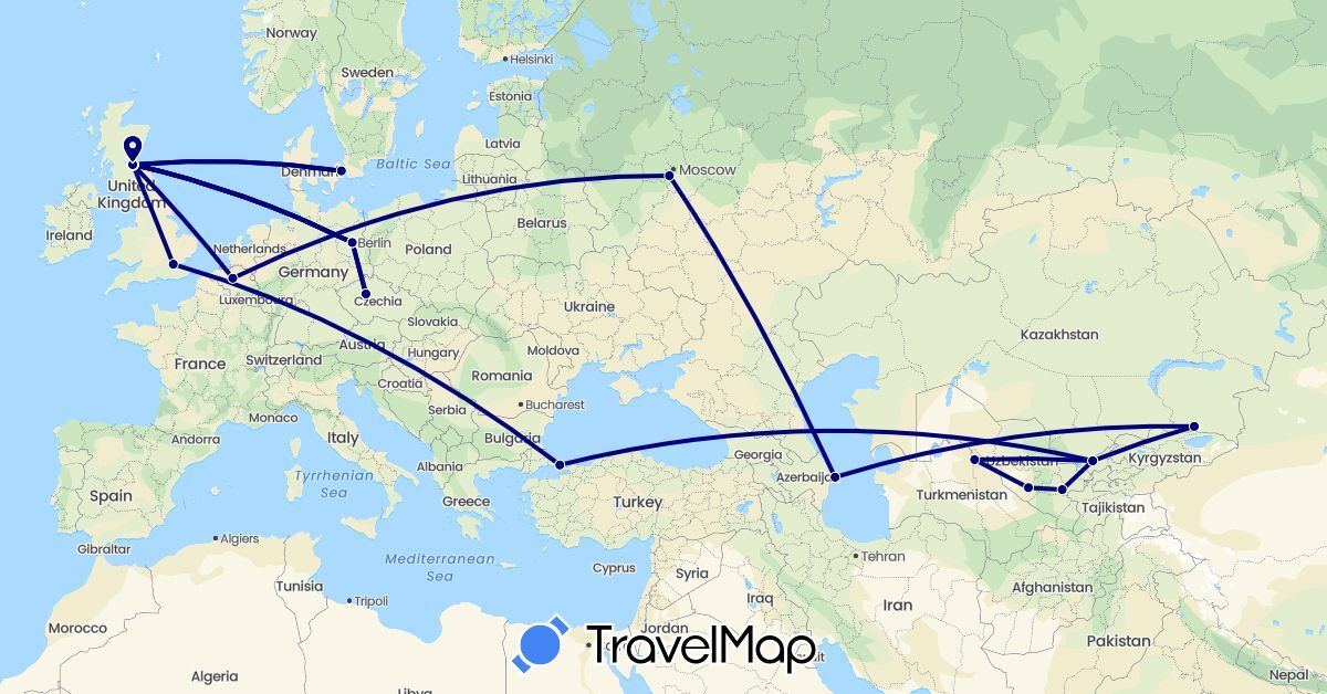 TravelMap itinerary: driving in Azerbaijan, Belgium, Czech Republic, Germany, Denmark, United Kingdom, Kazakhstan, Russia, Turkey, Uzbekistan (Asia, Europe)